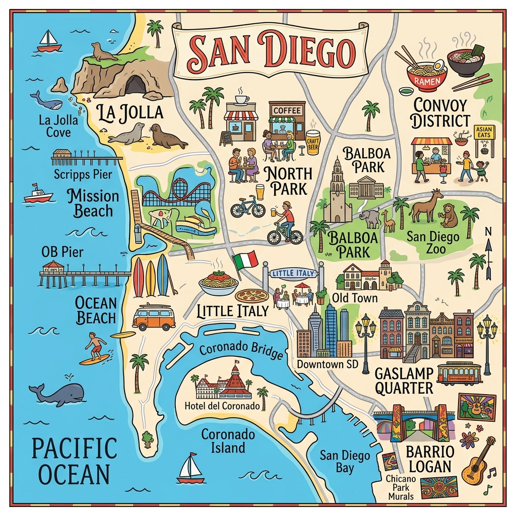 Illustrated Map of San Diego Landmarks for Tourists